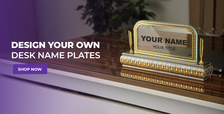 crystal desk name plate with wooden base and customizable name and title