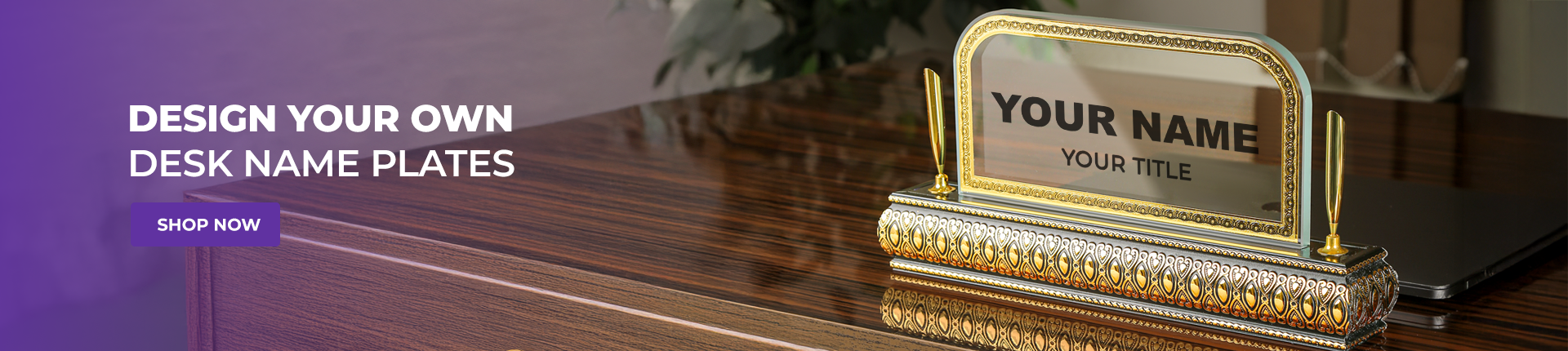 crystal desk name plate with wooden base and customizable name and title