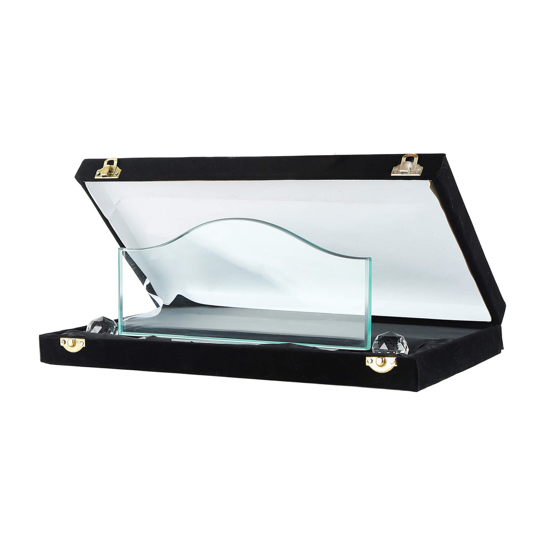 crystal nameplate case with a black frame on a white background