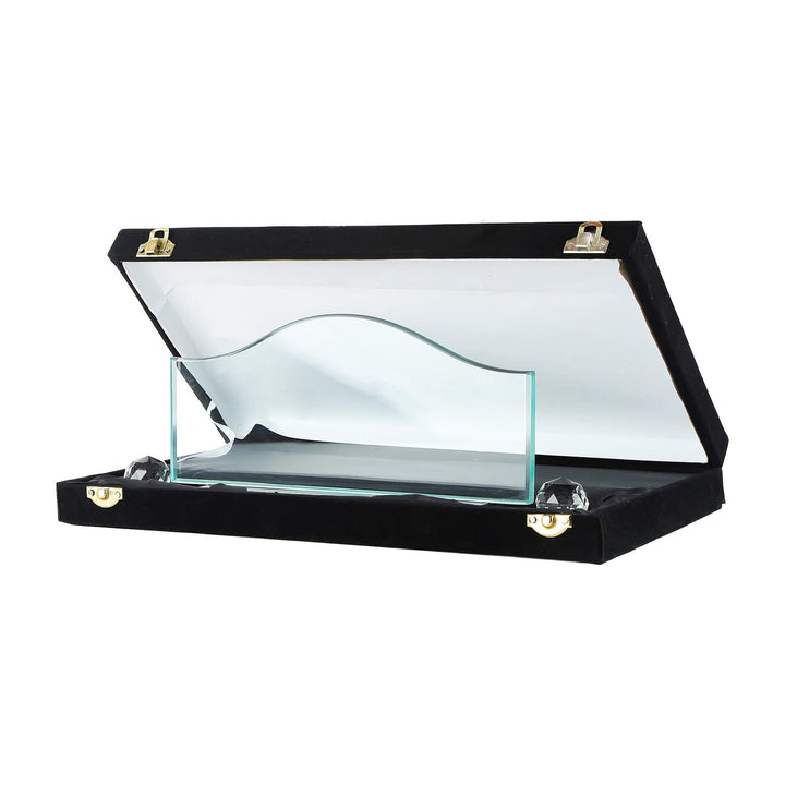 crystal nameplate case with a black frame on a white background