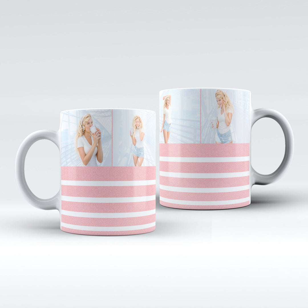 4 Photo White Ceramic Mug Glitter Stripes