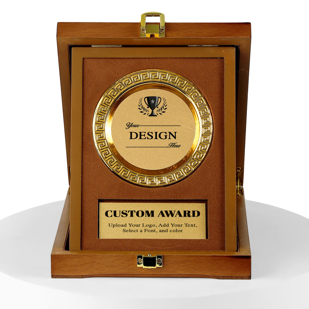 Wooden award with gold plaque on a white background