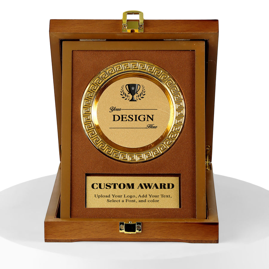 Wooden award with gold plaque on a white background