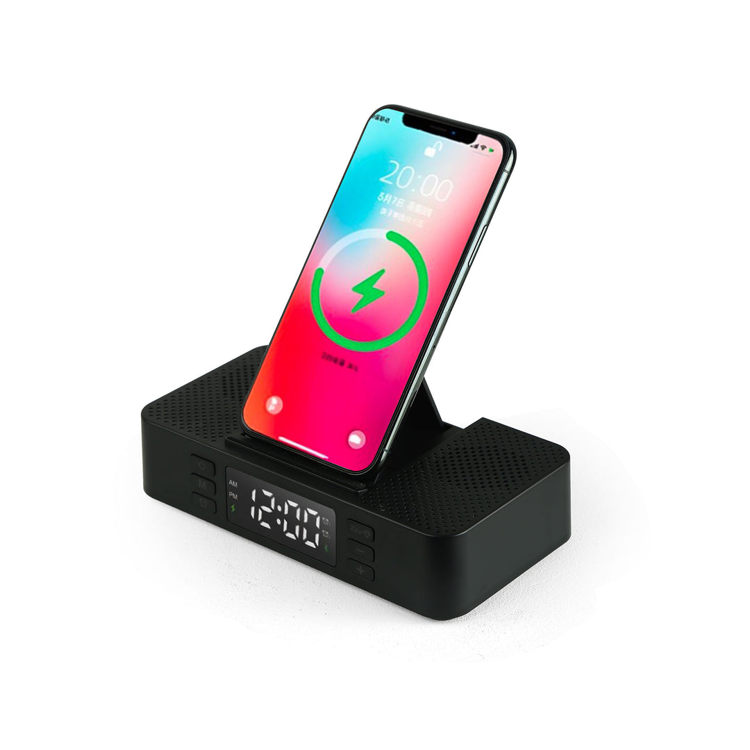 Personalised Wireless Phone Charging Dock with Speaker and Digital Clock