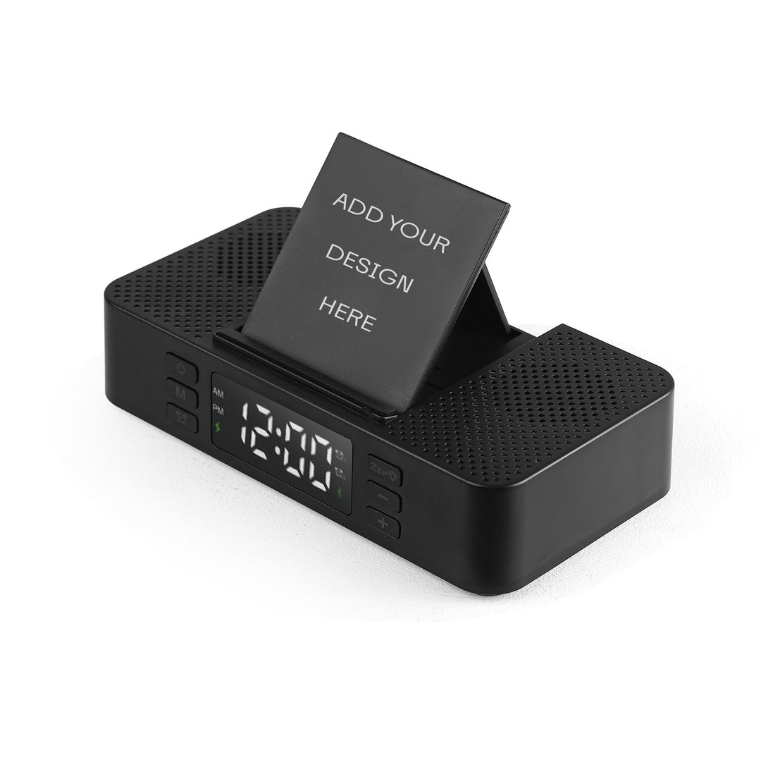 Personalised Wireless Phone Charging Dock with Speaker and Digital Clock
