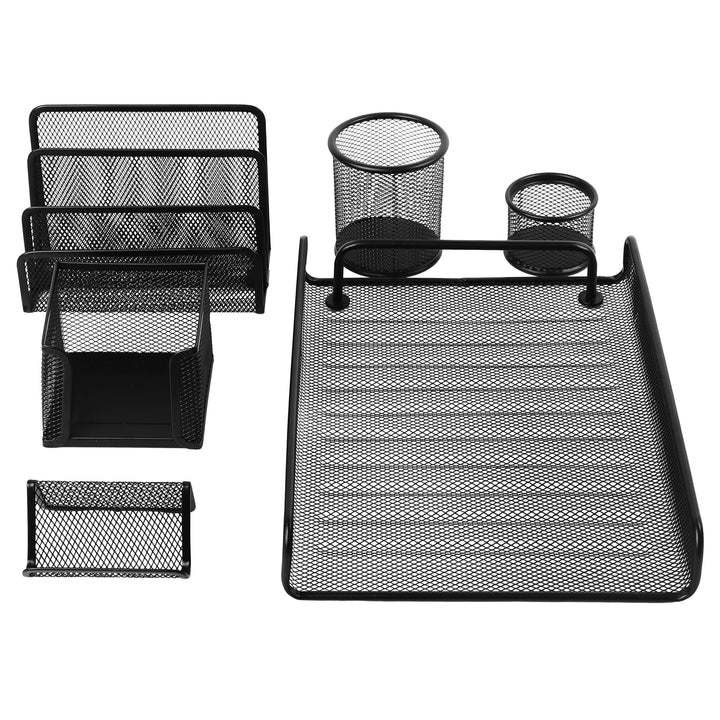 Black mesh desk organizer set on a white background