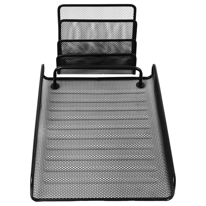 Black mesh desk organizer with multiple compartments on a white background