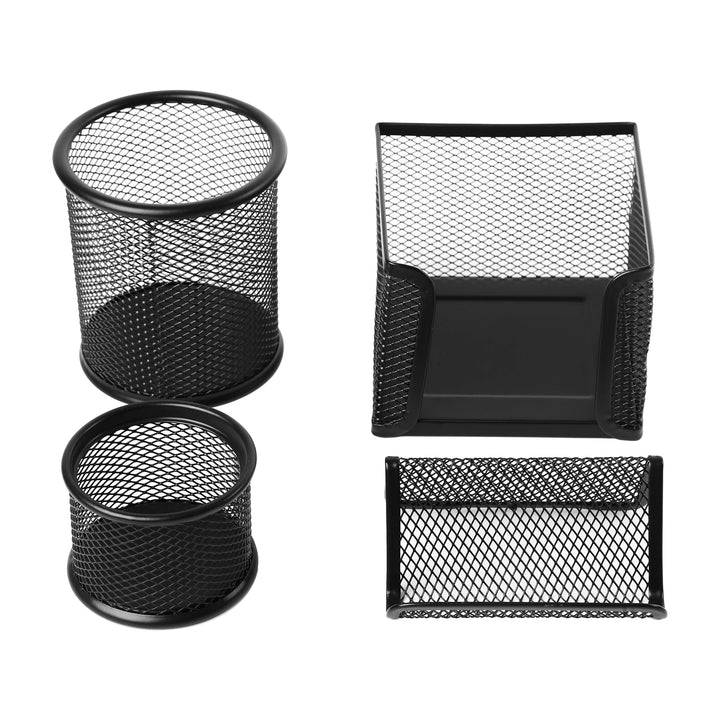 Set of four black mesh desk organizers on a white background