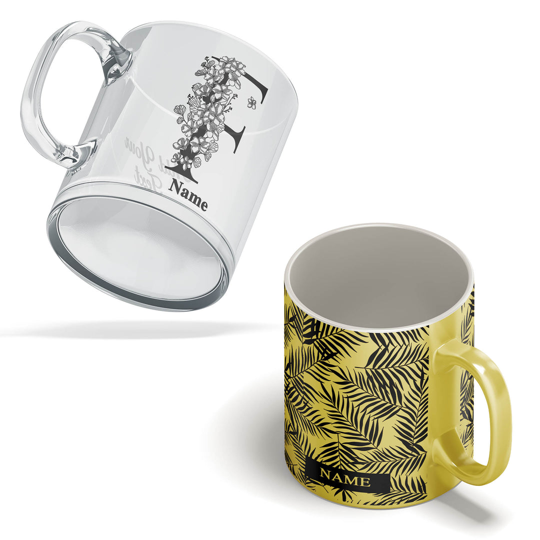 Two mugs, one white with black design and 'Name' text, the other yellow with black leaf pattern and 'Name' text.