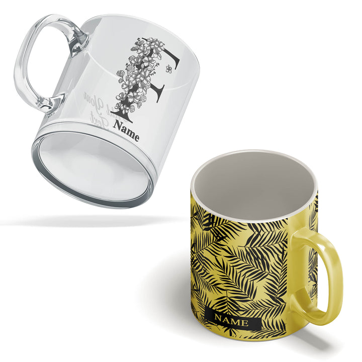 Two mugs, one white with black design and 'Name' text, the other yellow with black leaf pattern and 'Name' text.
