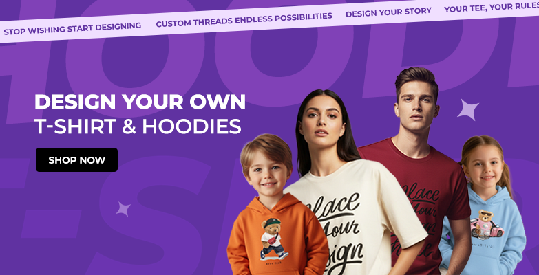 Promotional banner for designing custom t-shirts and hoodies with a family of four modeling the products against a purple background.