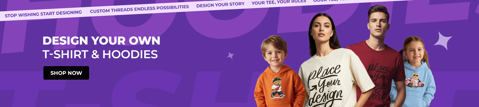 Promotional banner for designing custom t-shirts and hoodies with a family of four against a purple background.