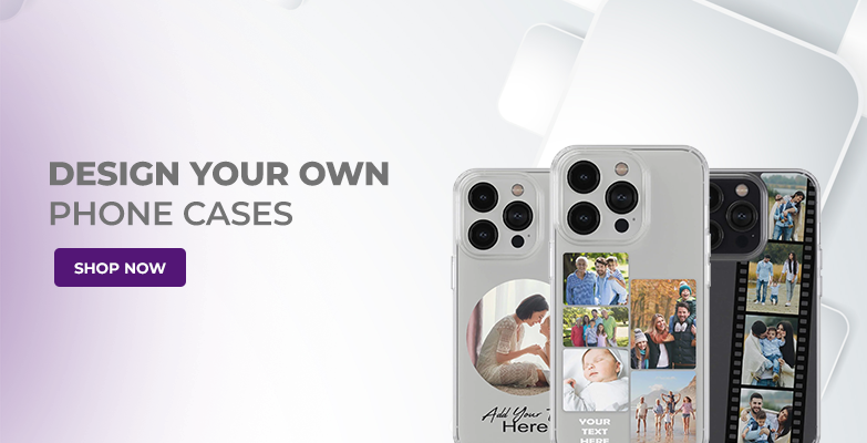 Phone cases with personalized designs on a white background with promotional text.
