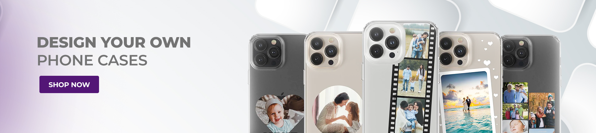 Collection of phone cases with customizable designs on a white background