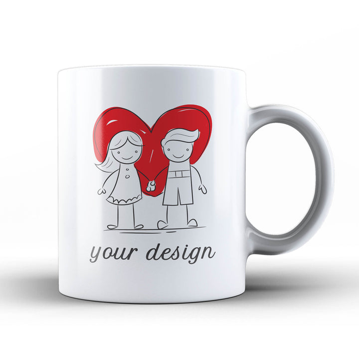 White mug with a design of two people holding a red heart on a white background