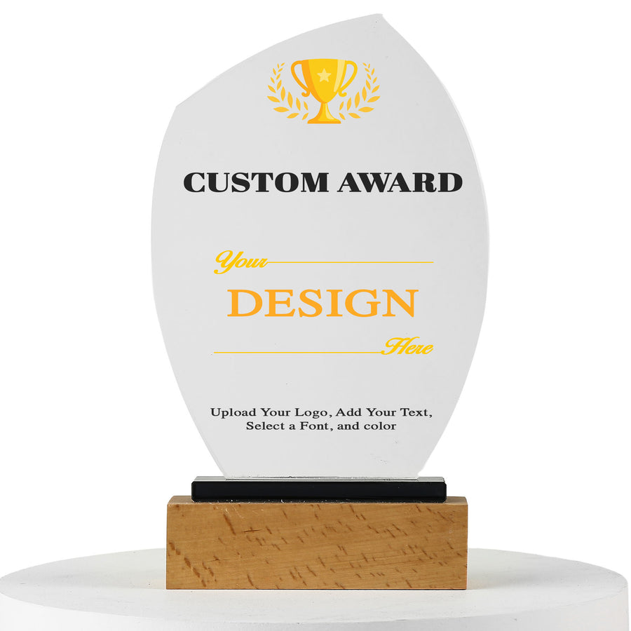 Customizable award with wooden base and customizable text and logo on a white background