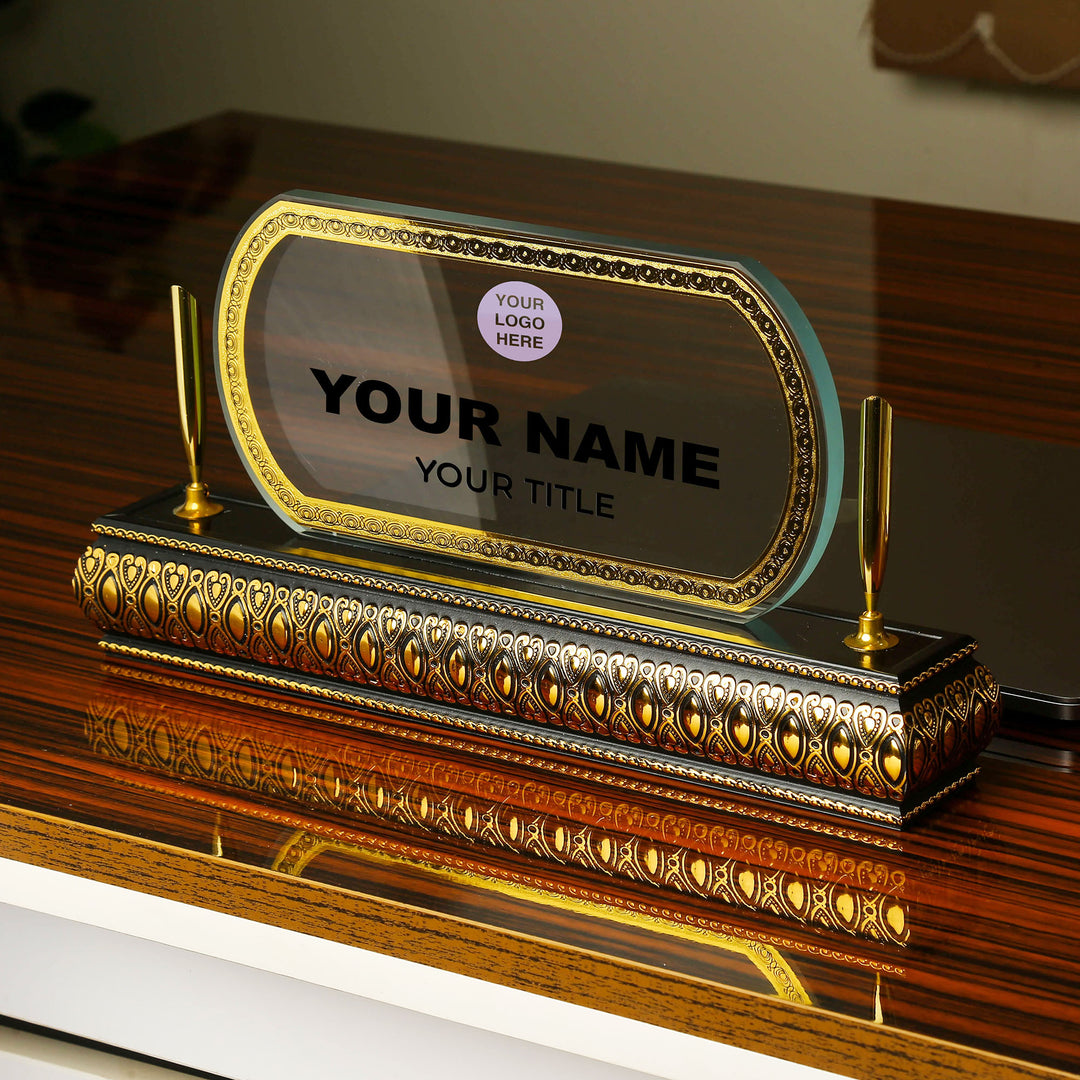 Oval Wooden Golden Base Crystal Desk Name Plate