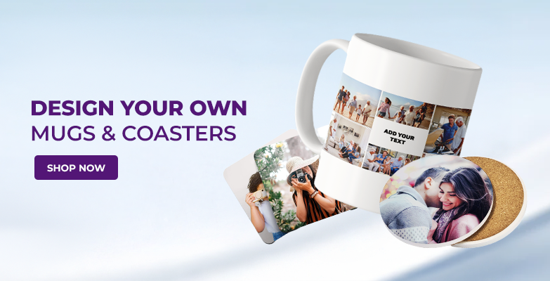 Promotional banner for designing custom mugs and coasters with photos on a light blue background.
