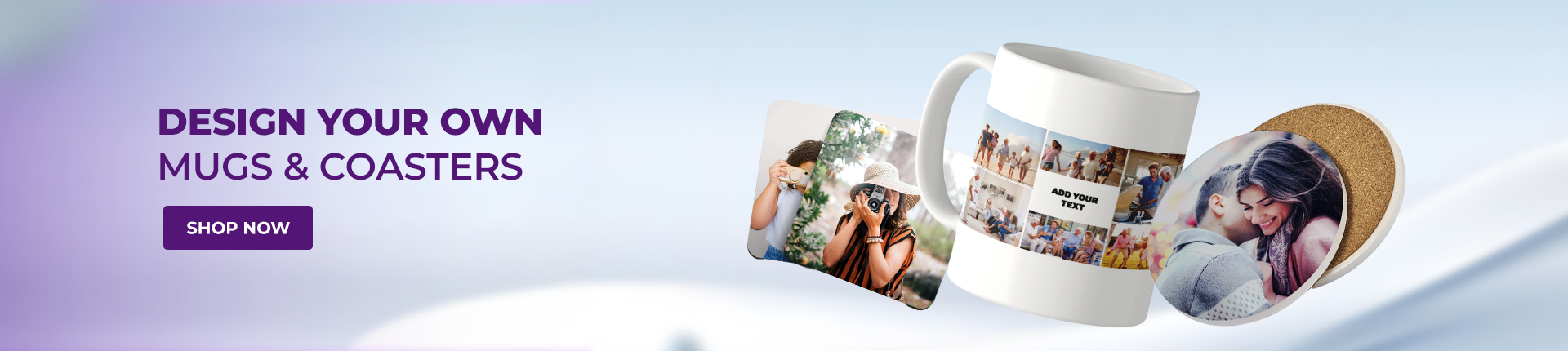 Promotional banner for designing your own mugs and coasters with a mug and coaster displayed.