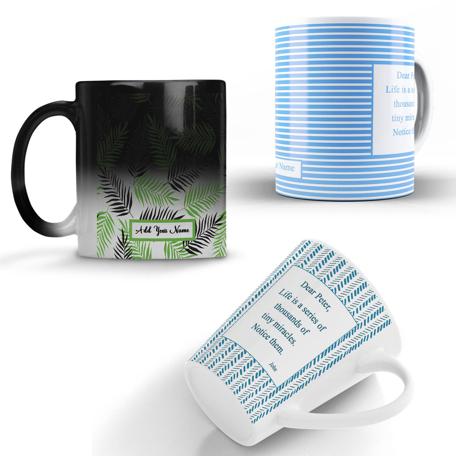 Three mugs with different designs on a white background