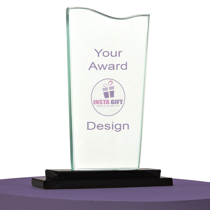 Glass award with a black base on a white background, featuring 'Insta Gift' branding.