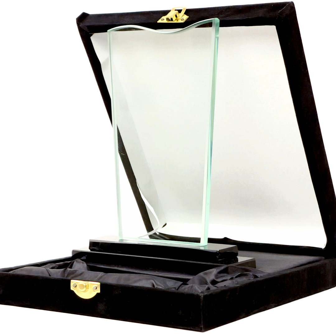 Glass award in a black display case on a white background