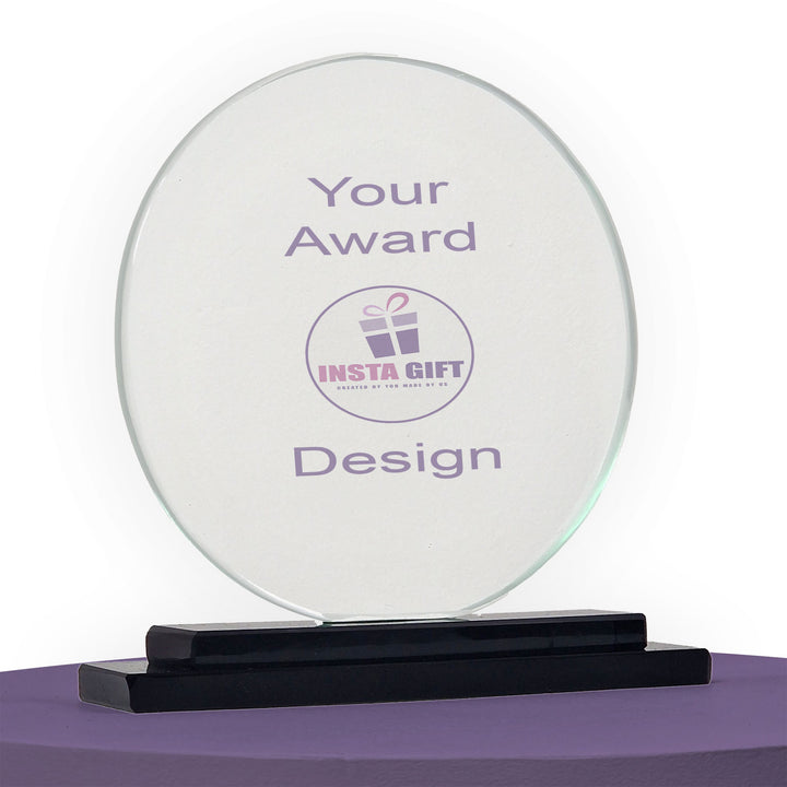 Clear glass award with 'Your Award Design' text and 'Insta Gift' logo on a white background