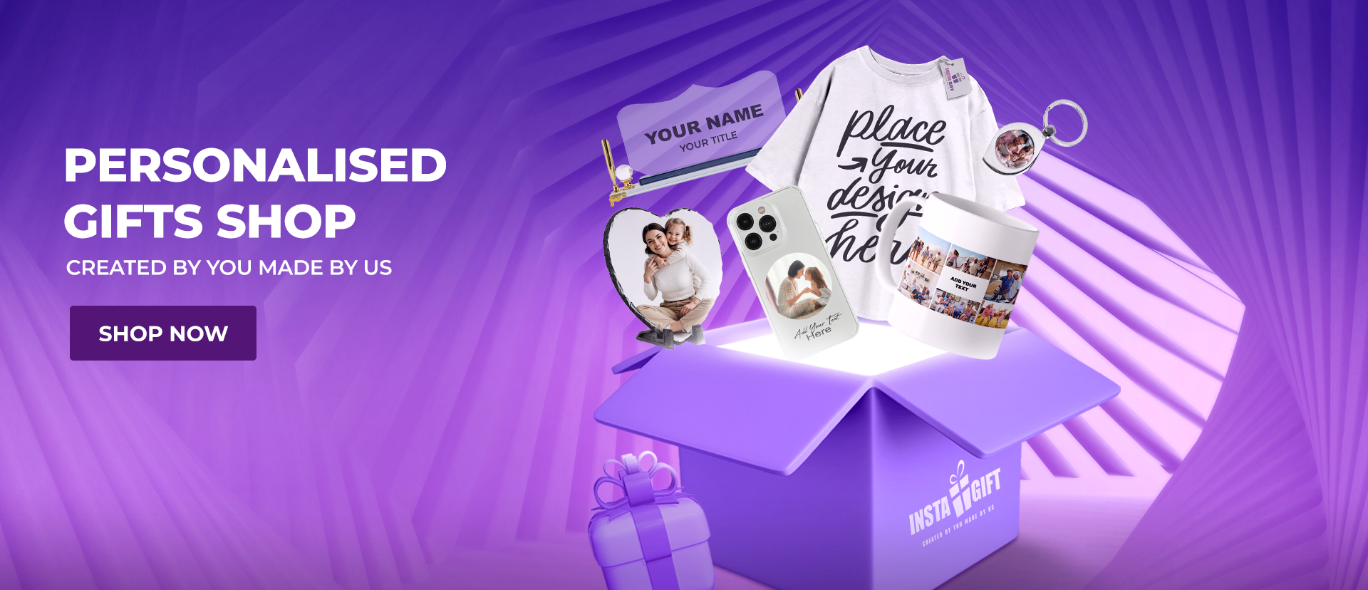 Personalised gifts shop with a purple box containing customizable items on a purple background.