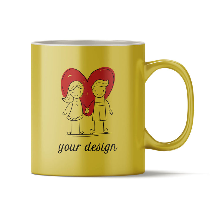 Yellow mug with a design of two people holding hands and a heart, with 'your design' text.