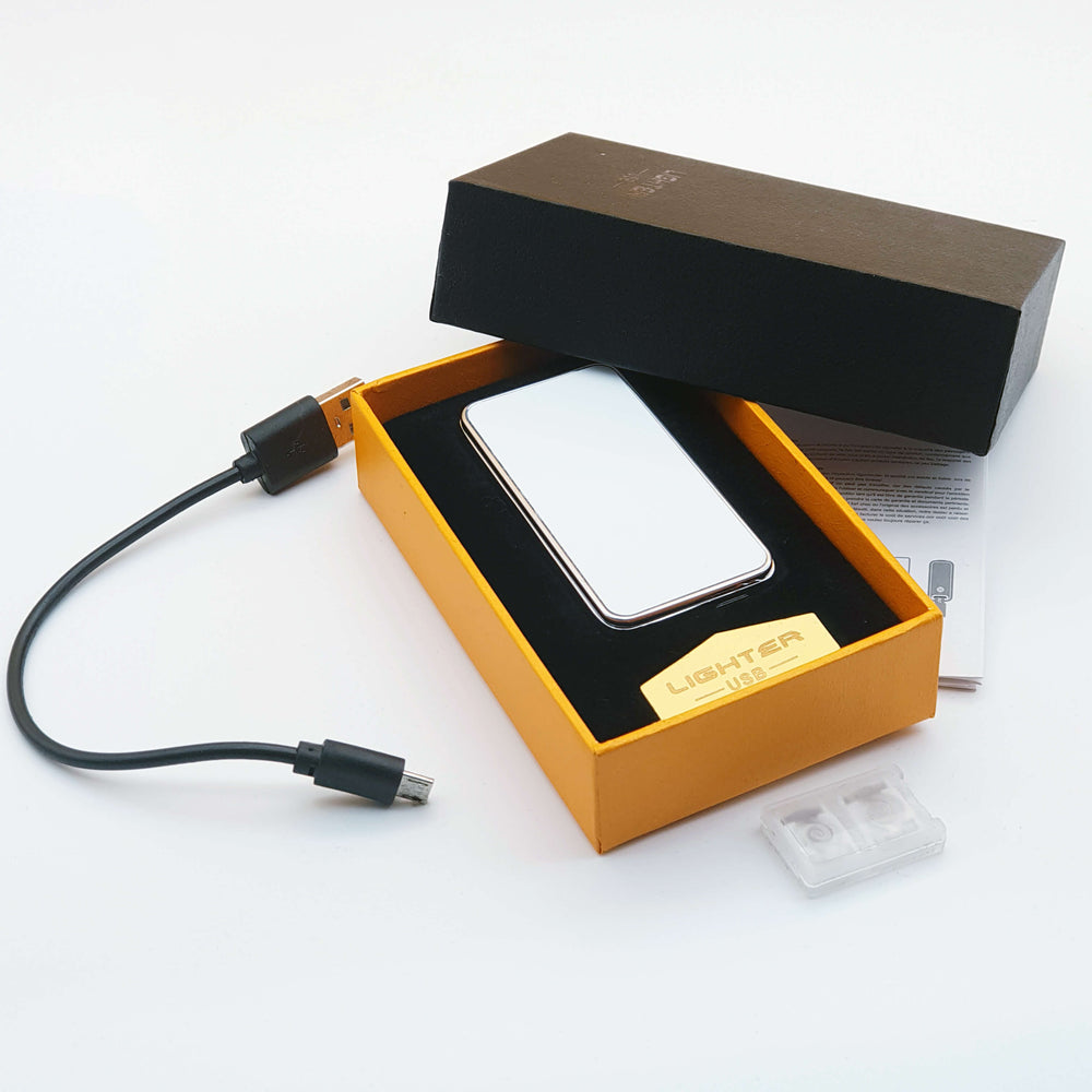 Lighter with USB cable in an open box on a white background