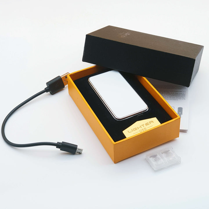 Lighter with USB cable in an open box on a white background