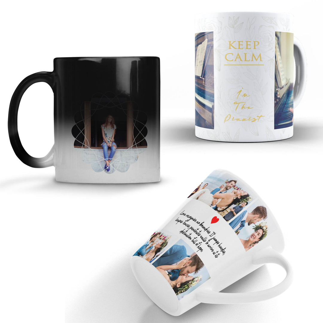 Three personalized mugs with different designs on a white background