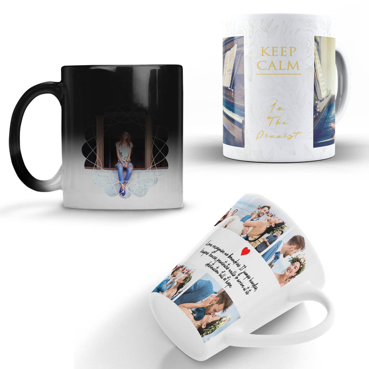 Three personalized mugs with different designs on a white background