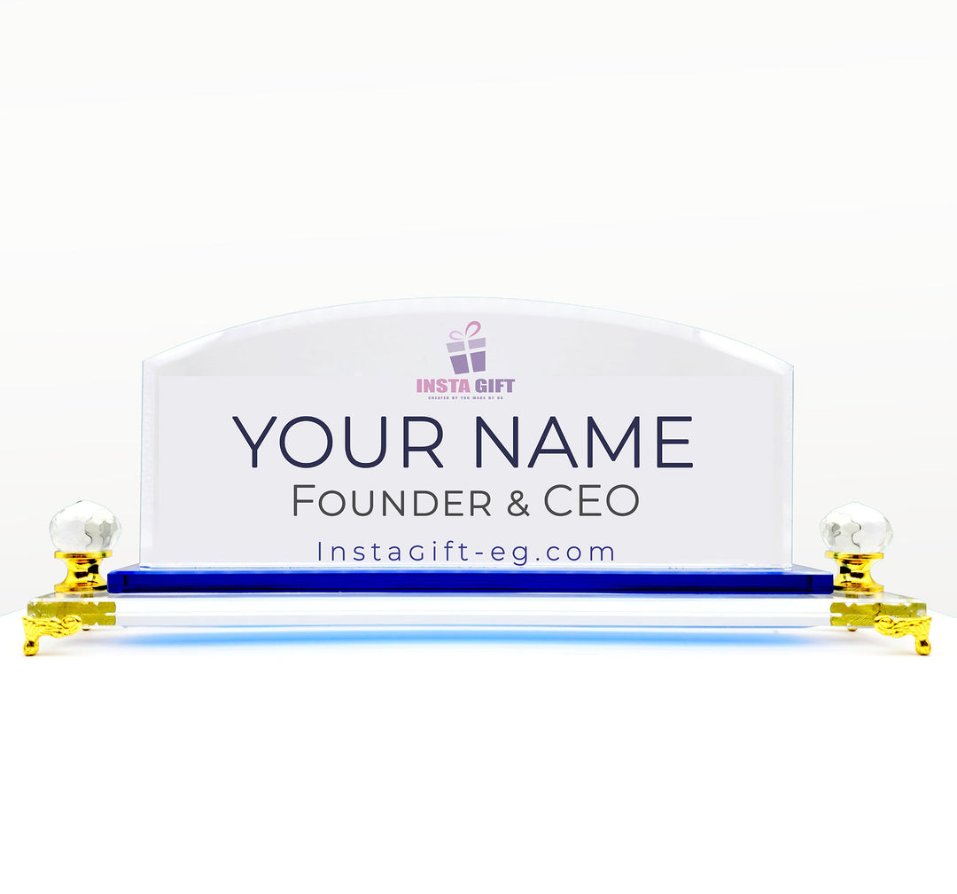 Premium Arch Crystal Desk NamePlate - Blue Base & Gold Legs