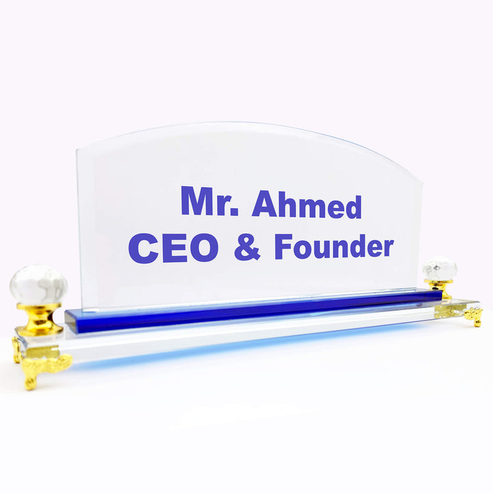 Premium Arch Crystal Desk NamePlate - Blue Base & Gold Legs