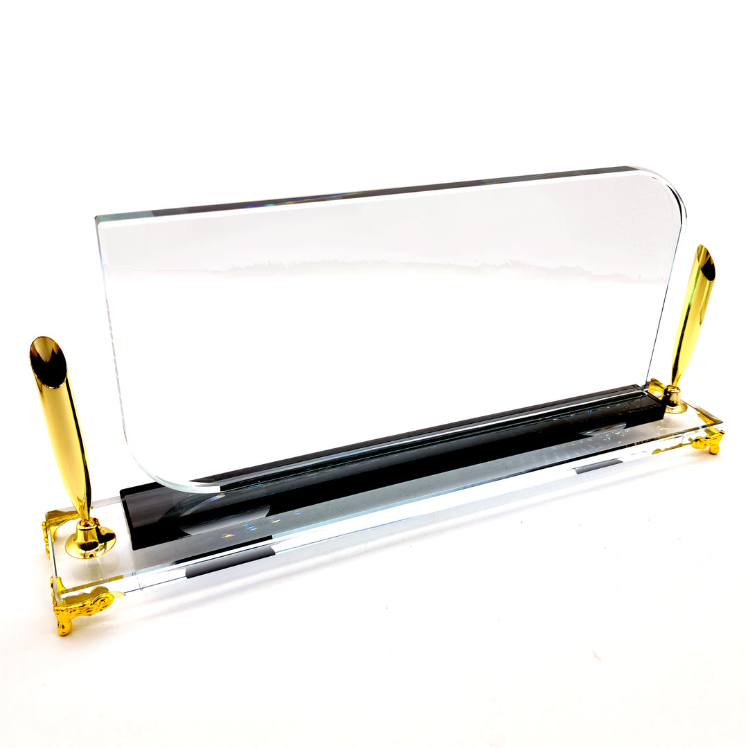 Premium Crystal Desk NamePlate with PenHolders - Gold Legs