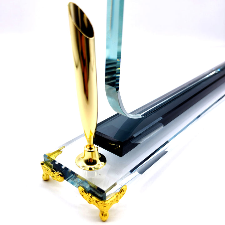 Premium Crystal Desk NamePlate with PenHolders - Gold Legs