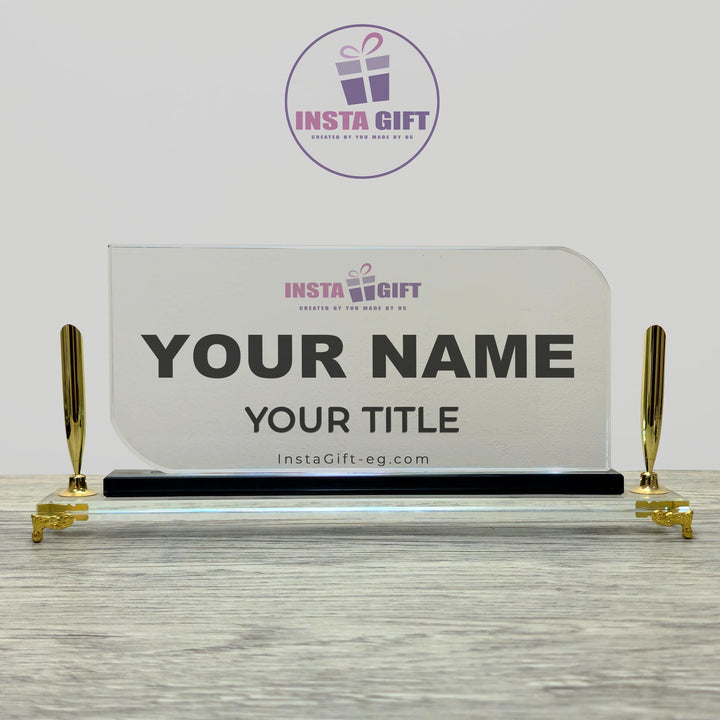 Premium Crystal Desk NamePlate with PenHolders - Gold Legs
