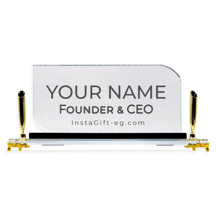 Premium Crystal Desk NamePlate with PenHolders - Gold Legs