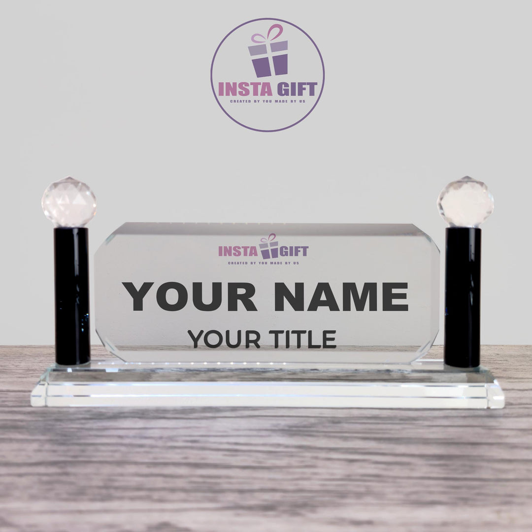 Premium Hexagon Crystal Desk Name Plate - Black