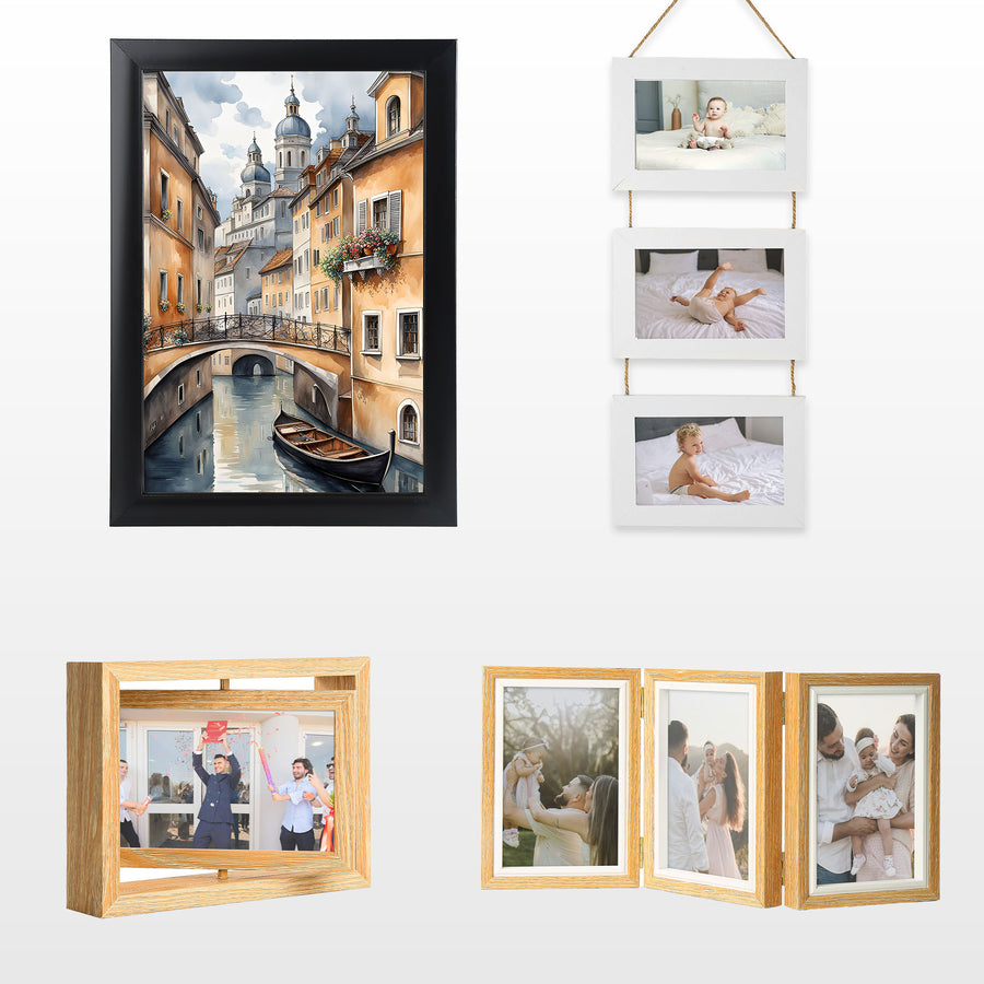 Collage of different photo frames including a scenic cityscape, family photos, and a baby's room.
