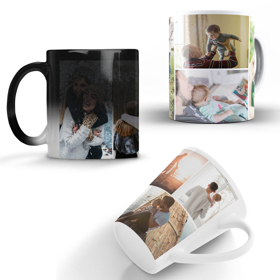 Three mugs with personalized photo collage designs on a white background